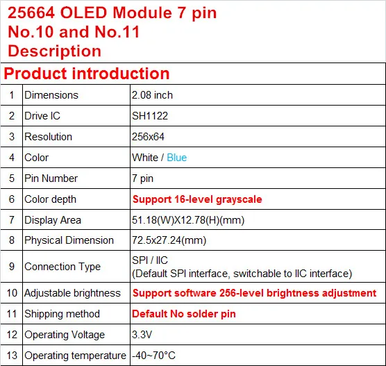 12832 2,08 дюймовый дисплей SSD1307 PM OLED 256x64 SH1122 7pin 4-провод SPI 3-провод SPI I2C белого и синего цветов на выбор, с адаптером PCB