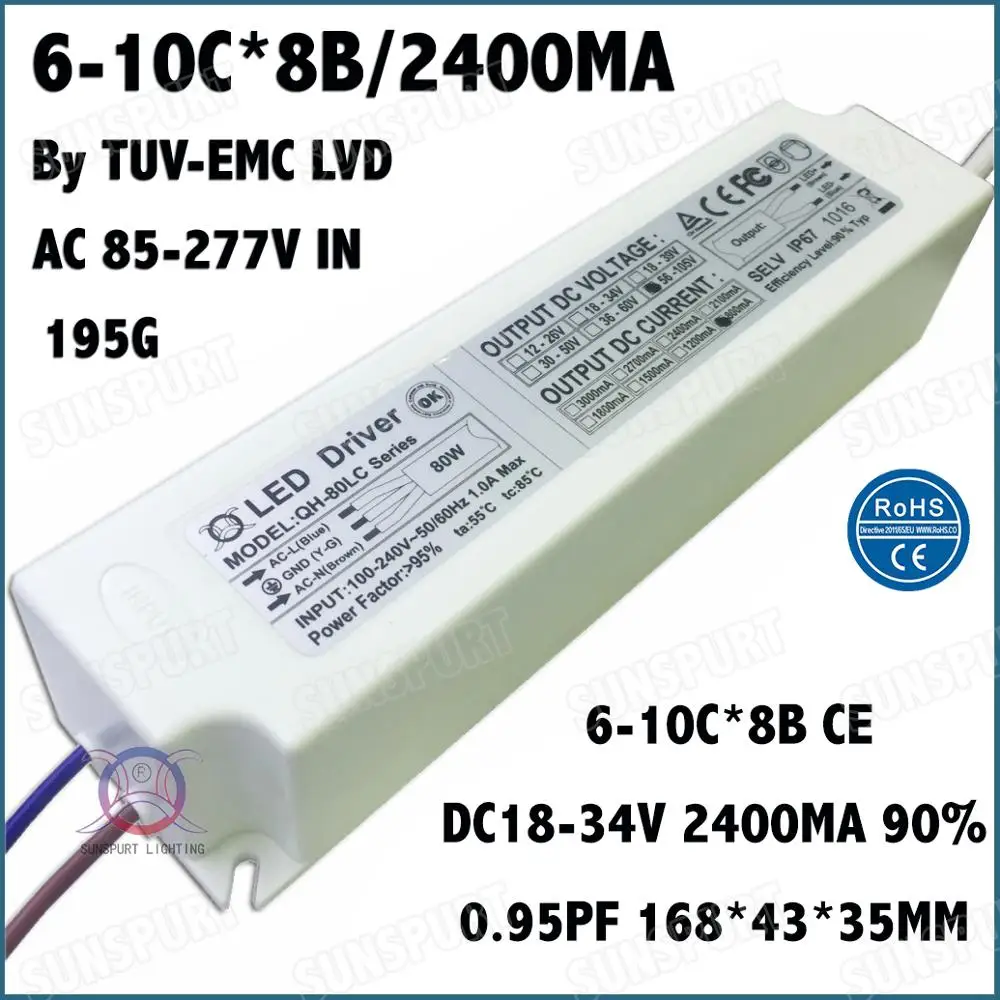 Высокий PFC 10 80 Вт COB AC85 277V светодиодный драйвер 600 2400mA DC5 40V постоянный ток внутри