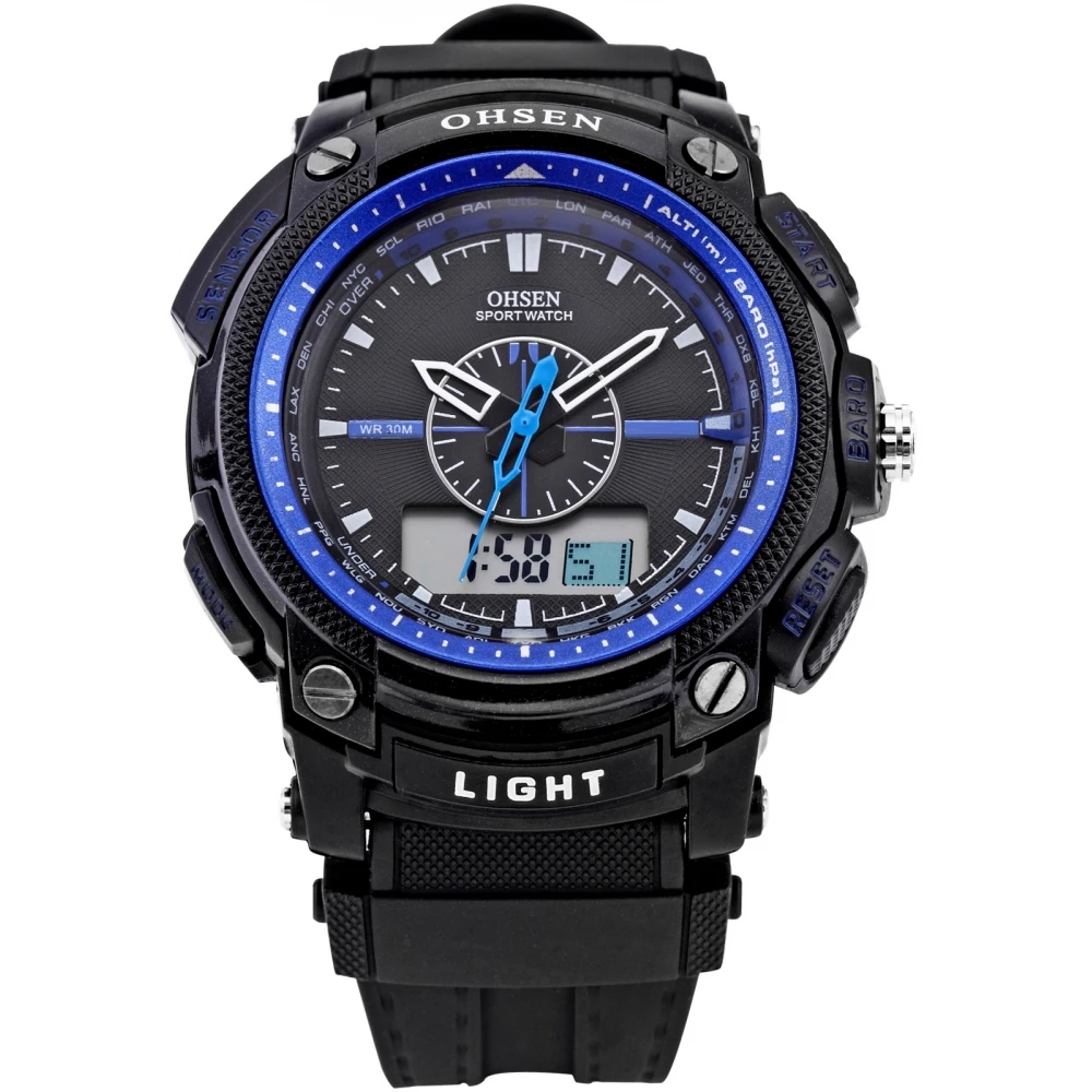 

Brand OHSEN Analog Digital Dual Time Date Day Alarm Chronograph Rubber Strap Blue Relogio Men Sport Quartz Wrist Watch / OHS052