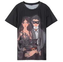 

2018 Summer Top Tees Runway Design Women's Shirt Short Sleeve Cat Cartoon Character Printing Chic Black Loose Feminist T-shirt