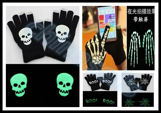 1 пара теплых вязанных зимних сенсорных перчаток Хэллоуин ночной светящийся череп скелет пальцы перчатки танцевальные велосипедные спортивные перчатки