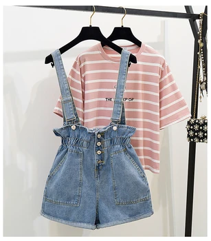 Fashion T-shirt and Overalls Women Suits Solid Striped Sweet Girls Tops Elastic Waist Short Overalls Two Piece Set women suits 2