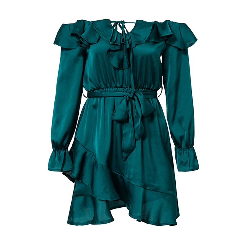 BONGOR LUSS Sexy Ruffles Lace Up Off Shoulder Women Dress Bow Long Sleeves Elegant Vintage Dress Short Party Dress With Sashes  (36)