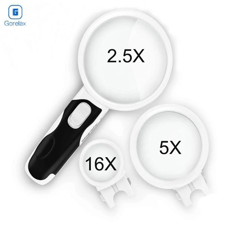 

2.5X 5X 16X Handheld Magnifier Glasses, LED Illuminated Magnifying Glass With Lights For Reading Watch Repair Jewelry Coins Look