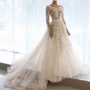 

2019 Elegant Bridal Dresses Long Sleeves Beige Lace Appliques Gorgeous Wedding Gowns Sweep Train robe de mairee