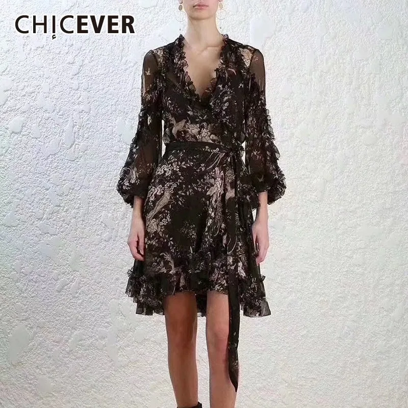 

CHICEVER Summer Casual Perspective Floral Print Patchwork Ruffles Dress For Women V Neck High Waist Lace Up 2019 Fashion New
