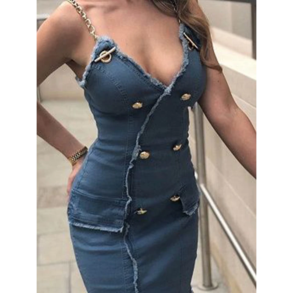 denim dress with gold chain straps