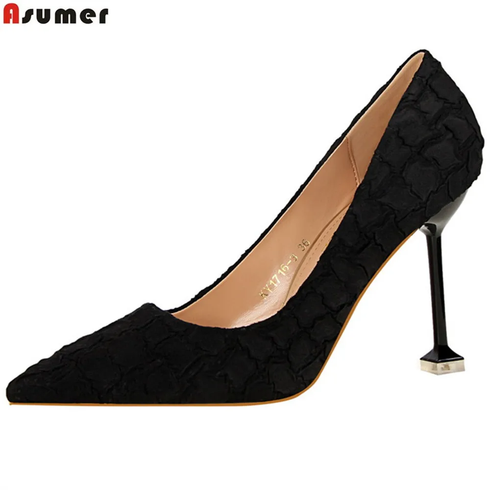 

ASUMER black red fashion spring autumn new women pumps pointed toe shallow sexy prom shoes flock elegant super high heels shoes