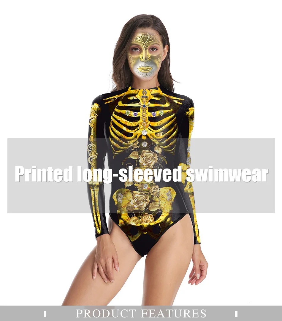 Женский цельный купальник на Хэллоуин, косплей костюм, 3D принт, золотой скелет, розовые купальники, Летний комбинезон на молнии