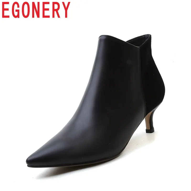 

EGONERY genuine leather ankle boots 2018 sexy pointed toe thin high heels woman office dress shoes ladies big size boots 33-43