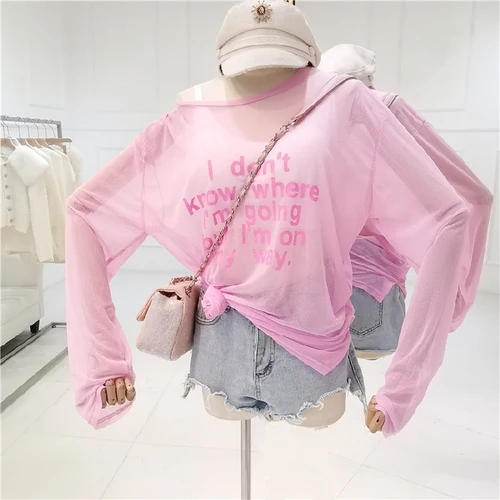 

Transparent Top Women Summer 2019 Korean Style Casual Letter Print Seethrough Long Sleeve T-Shirt Pink Yellow Blue White T332