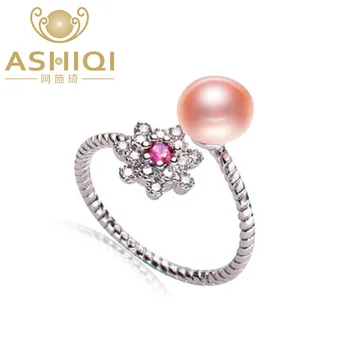 

ASHIQI Authentic 925 Sterling Silver Rings Natural Freshwater Pearl Red Zircon Flower jewelry Valentine's Day Gift for women