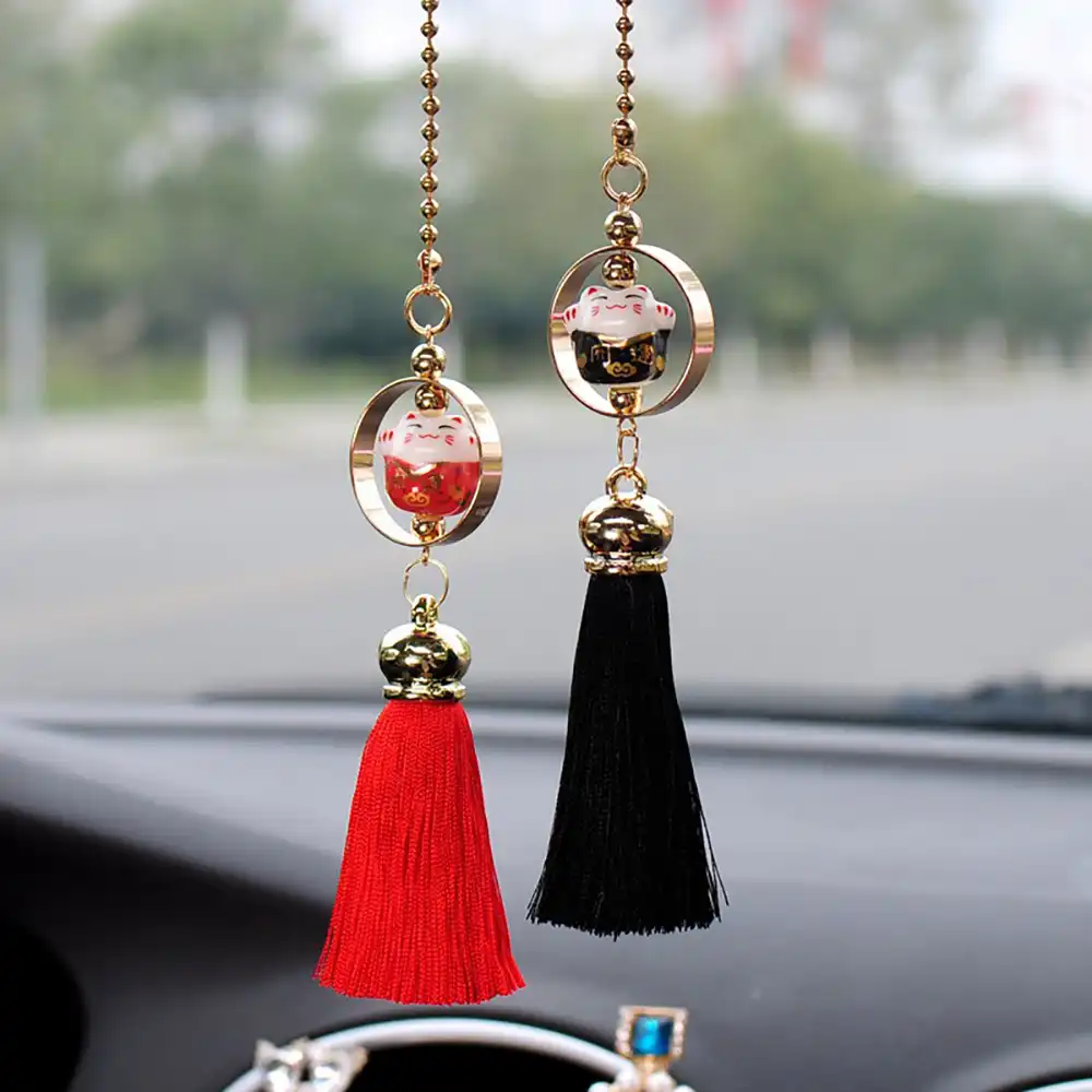 Car Pendant Lucky Cat Car Rearview Mirror Decoration Ceramics Alloy Hanging Ornament Automobile