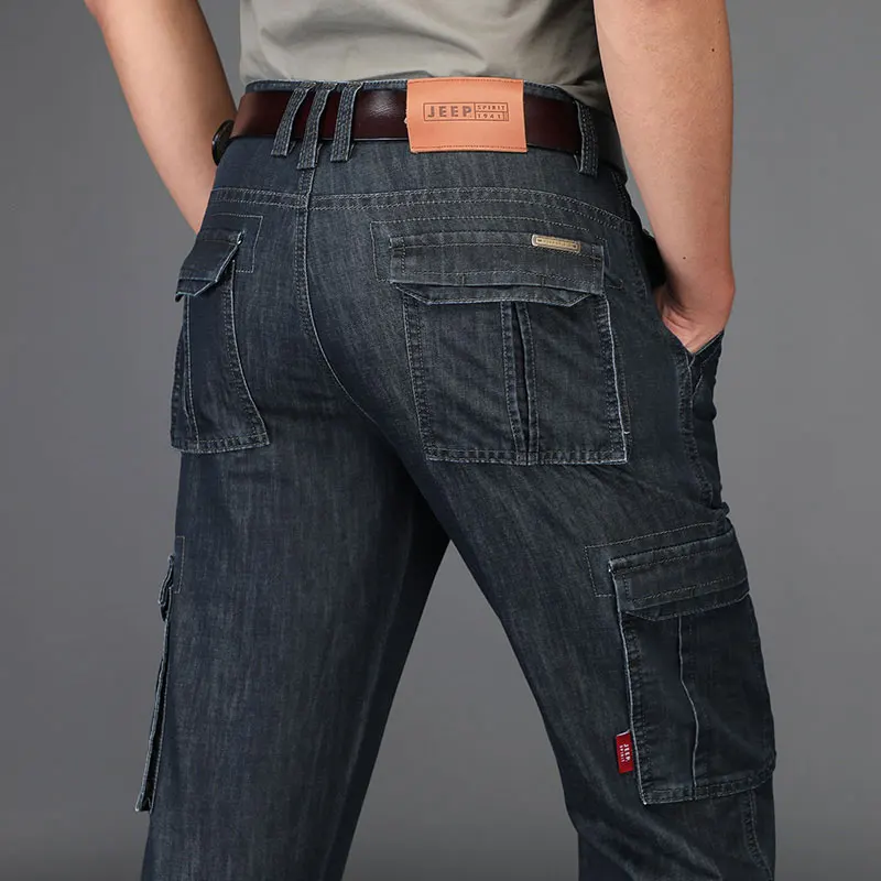 Summer JEEP Brand Cotton Cargo Jeans Elastic Men's Casual Full Length Retro Jeans Multi Pockets Cotton Pants Fashion Trousers 44 (54)