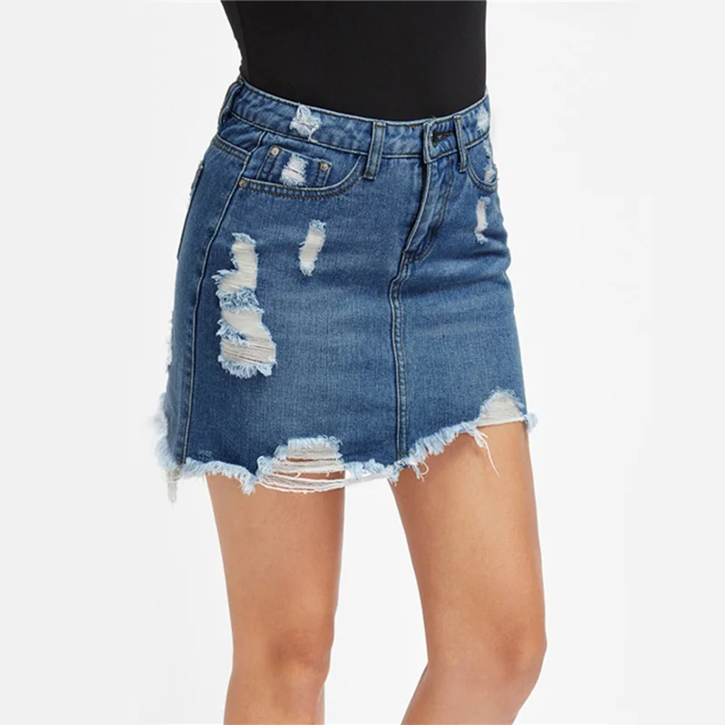 

Large size S-XXL2018new fashion distressed pencil skirt blue denim ladies sexy casual mini summer skirt zipper pocket mini skirt