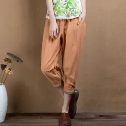 Лен штаны-шаровары для женщин большие размеры ealstic талии orange повседневные Капри высокой талией Лето-весна осень брюки женский qsy0803