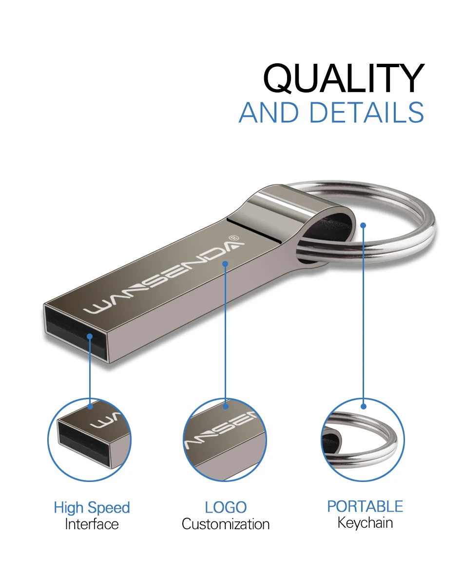 Wansenda, Металлический Стальной USB флеш-накопитель, 4 ГБ, 8 ГБ, 16 ГБ, 32 ГБ, 64 ГБ, 128 ГБ, портативный флеш-накопитель с цепочкой для ключей, высококачественный флеш-накопитель