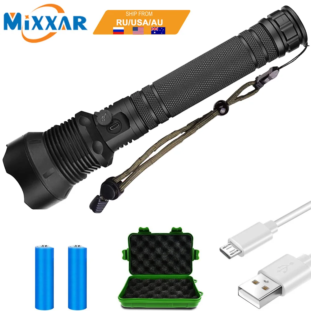 

EZK20 Dropshipping LED Tactical Flashlight XHP70 USB Rechargeable Waterproof Zoomable Torch 50000 Lumens 3 Modes for Camping