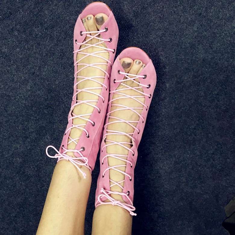 

Pink Lace-up Women Sandals with Chunk Heel Sexy Open Toe Wddding Woman Gladiator Sandals Cross-tied Summer Ankle Boots for Women