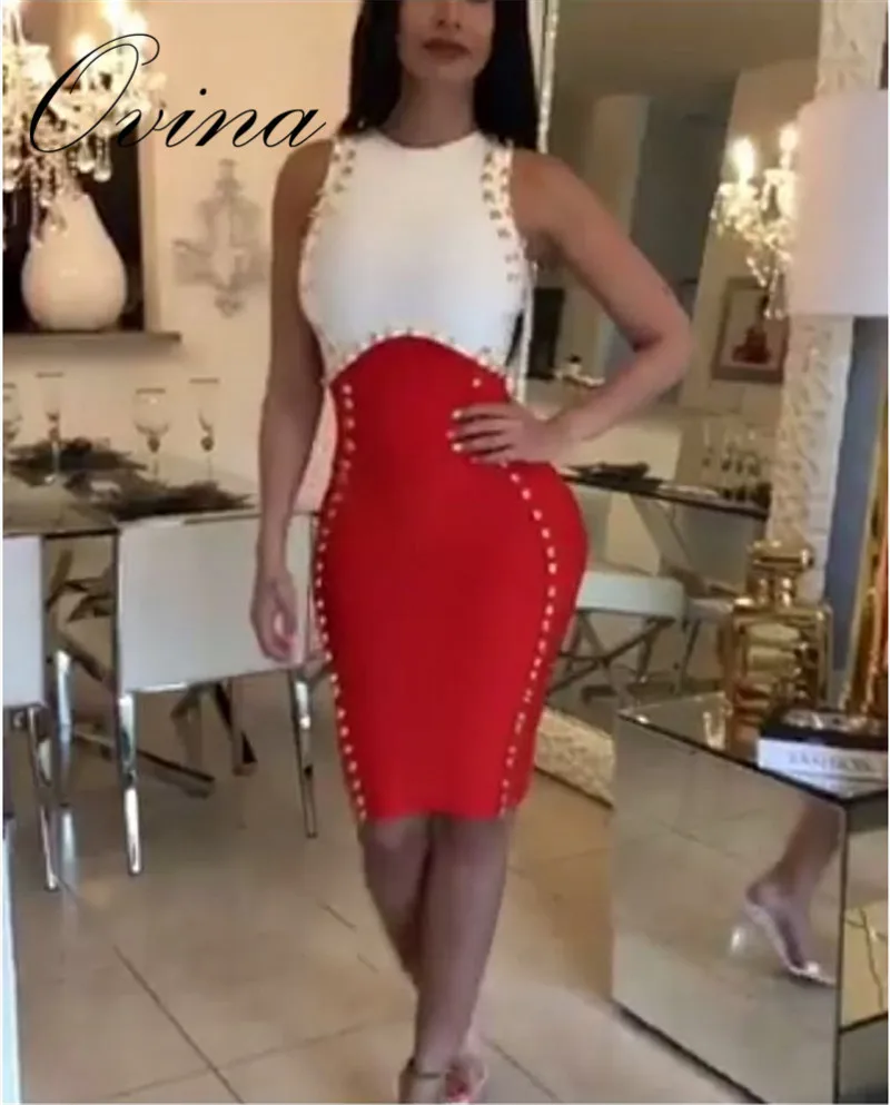 

Rayon Sleeveless O Neck Button Patchwork Mini Bodycon Bodycon Bandage Dress Evening Party Dress