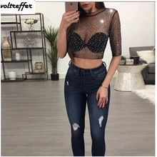 Сетчатые Blusas femininas Женская рубашка с блестками и бисером, укороченный топ Renda Camiseta Perspective, сексуальная клубная одежда, прозрачная летняя одежда, Zanzea