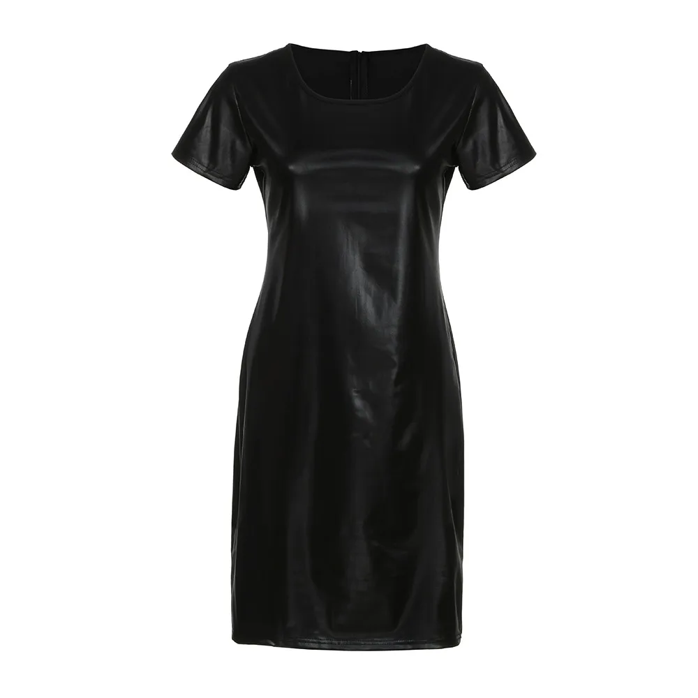 KANCOOLD/женское платье с коротким рукавом с эффектом мокрой кожи, облегающее платье средней длины, сексуальное обтягивающее Модное Новое Женское платье 2019JAN30 - Цвет: Черный