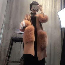 Женский вязаный норковый кашемировый свитер с большим карманом из лисьего меха для девушек/девушек, модное пальто, куртка, кардиганы с разноцветными рукавами