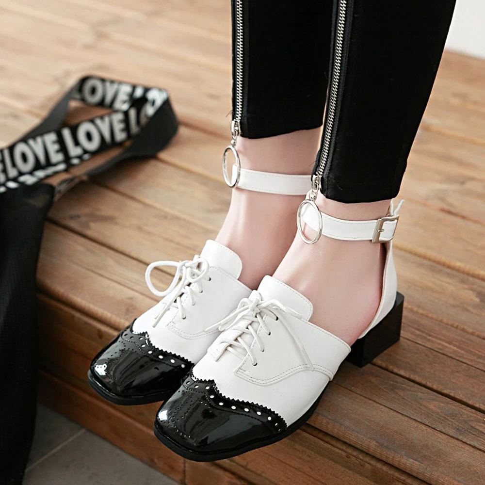 

Sweet 2019 Chunky Heels Two Piece Shoes Women Thick Heels Brogue Shoes Square Toe Ankle Strap Pumps Big Size 33-46