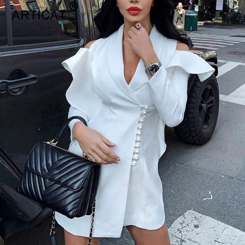 

Articat Elegant Ruffles V Neck Short Blazer Dress Women Long Sleeve Pearls Buttons Party Dress White Autumn Sexy Mini Dress