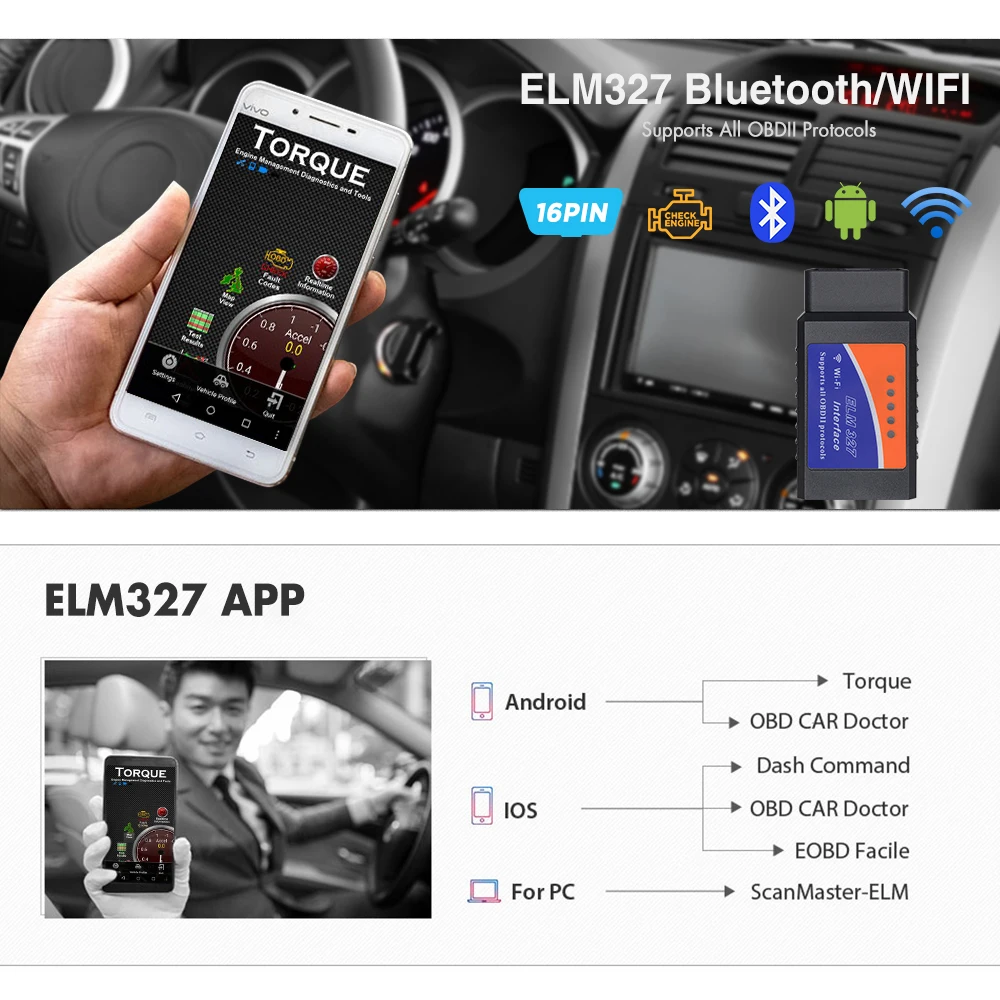 ELM327 OBD2 WIFI V1.5 Car Diagnostic Tool ELM 327 OBD II Scanner Chip PIC18F25K80 Work Android/IOS/Windows 12V Diesel