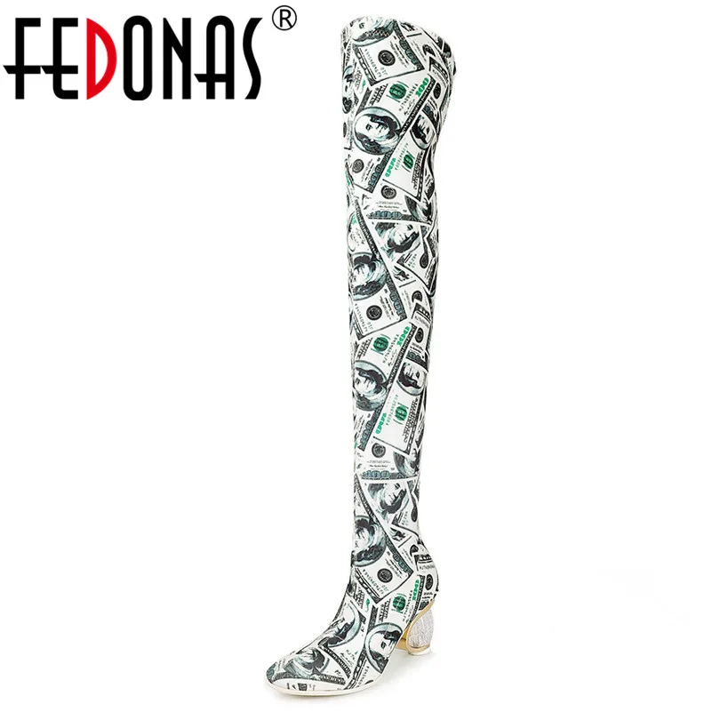 

FEDONAS Autumn New Round Toe Strange Heels Women Over The Knee Boots Fashion Print Flock Party Prom Shoes Woman Riding Boots