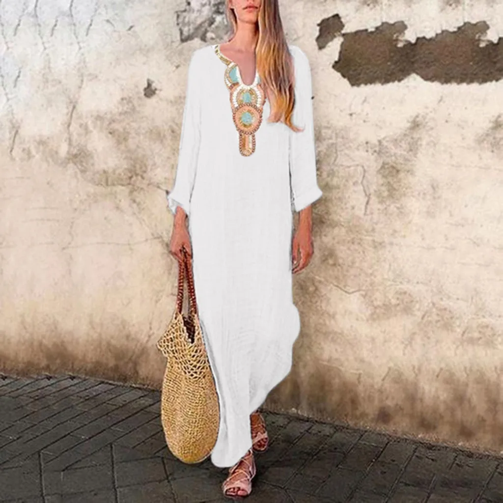 

Women Dress Solid Loose Long Dresses Women's Printed Long Sleeve U-neck Maxi Dress Split Hem Baggy Kaftan Long Dress #40