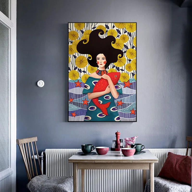 

Nordic style Cute Cartoon Girl and Fish Canvas Paintings Wall Art poster and prints for Living room Girls room frameless Cuadros