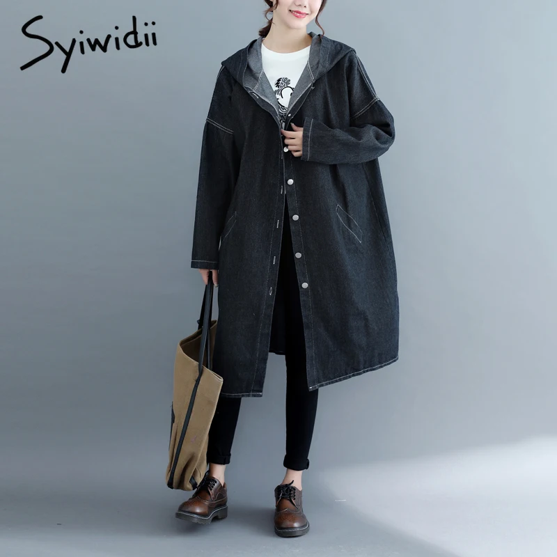 

Long denim jacket 6xl Plus size women Jeans jacket Long sleeve hooded autumn winter coat single breasted Oversized black jacket
