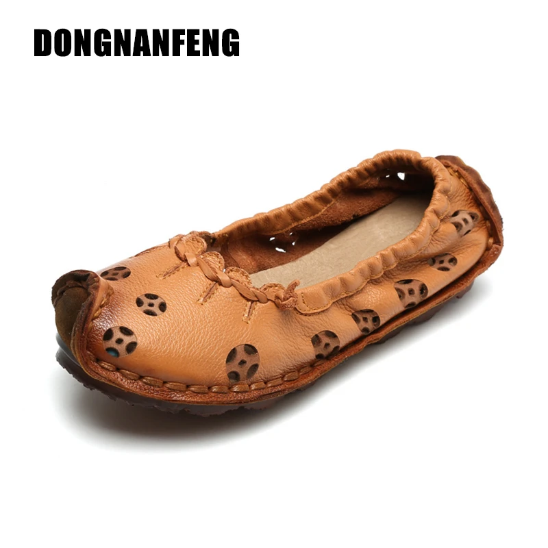 

DONGNANFENG Women Flats Old Mother Shoes Cow Genuine Leather Loafers Hollow Slip On Pigskin Casual Suede Vintage Size 35-40 YD-4