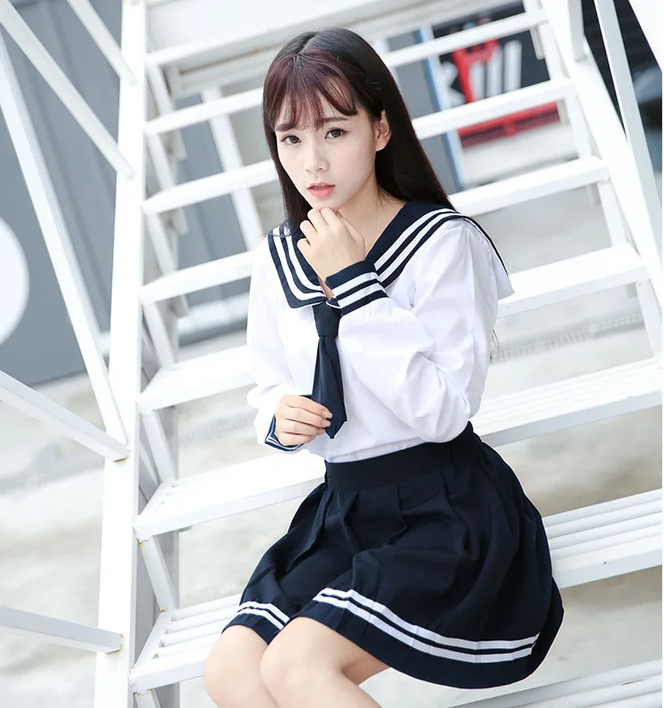 Японская школьная форма морская белого цвета с короткими рукавами Топы + галстук + юбка темно-Стиль джинсовая юбка полный набор Косплэй