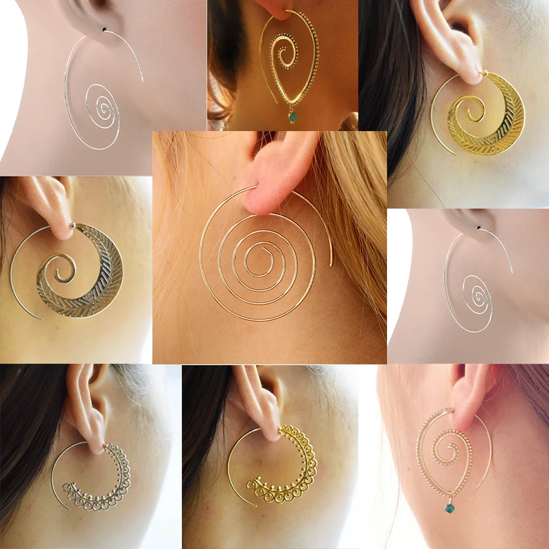 

LNRRABC Vintage Women Hoop Earrings Circles Round Spiral Tribal Personality Chic Simple Earrings Jewelry Drop Shipping