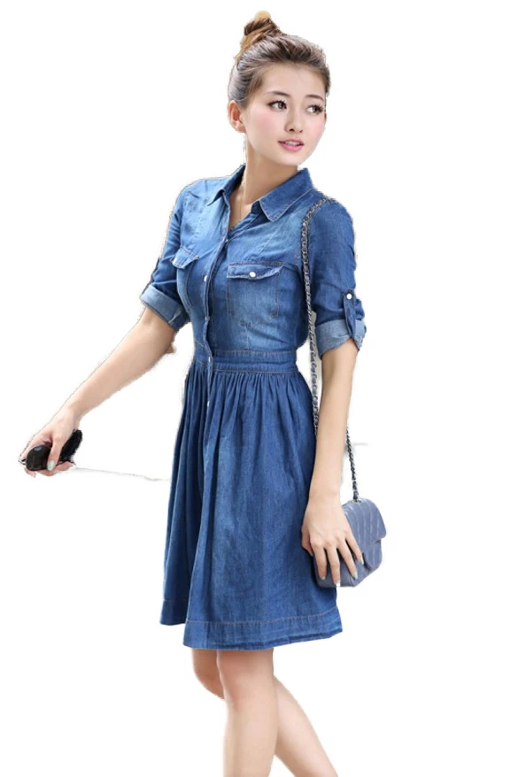 2015 Spring Autumn Casual Dress Ladies Plus Size Blue