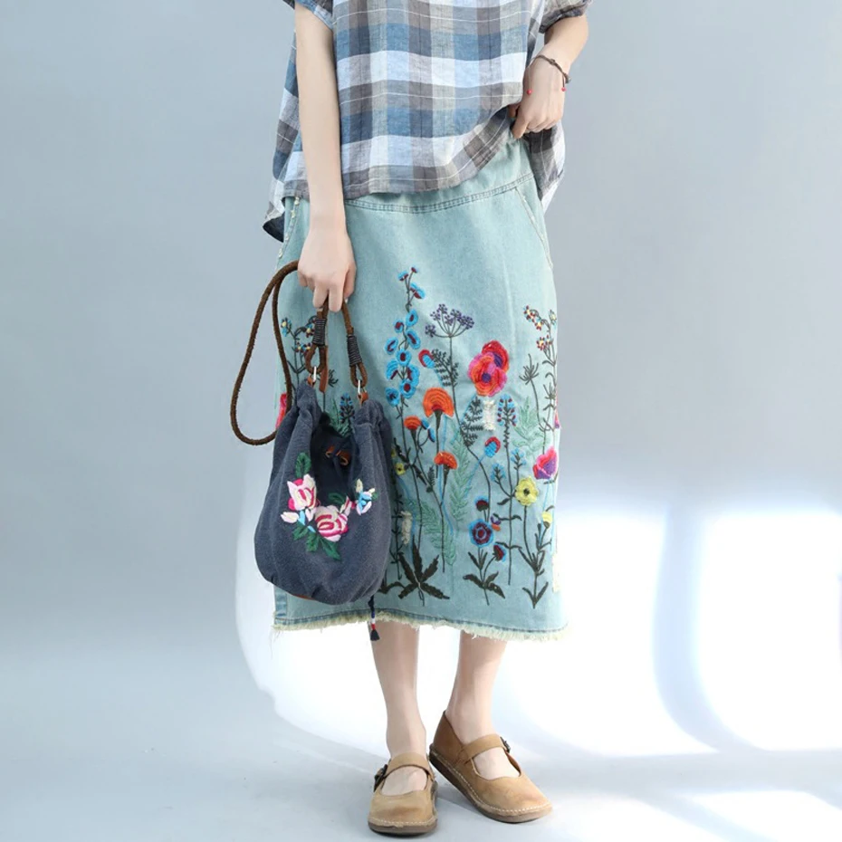

Women Denim Skirt Prairie Chic Fashion Long Midi Loose Elastic Waist Skirt Embroidery Floral Print AZ39523023