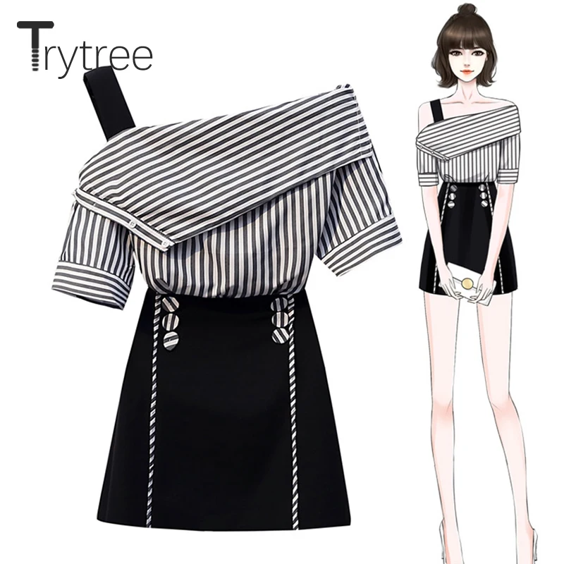 

Trytree Summer Women Two piece set Casual Striped Slash Neck Top + Skirt Mini Bottons Elastic Waist Suit Office Lady 2 Piece Set