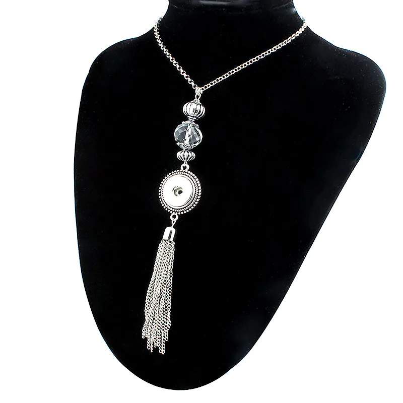 

NEW Trendy Ethnic Style Crystal Tassel Pendant Snap Necklace With 70cm Chain Fit DIY 18MM Snap Buttons Jewlery Wholesale Women