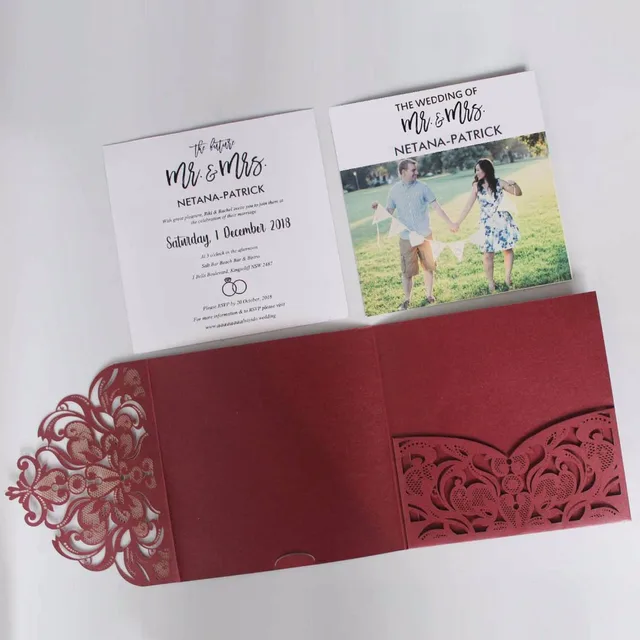 elegant laser cut wedding invitation set burgundy pocket fold