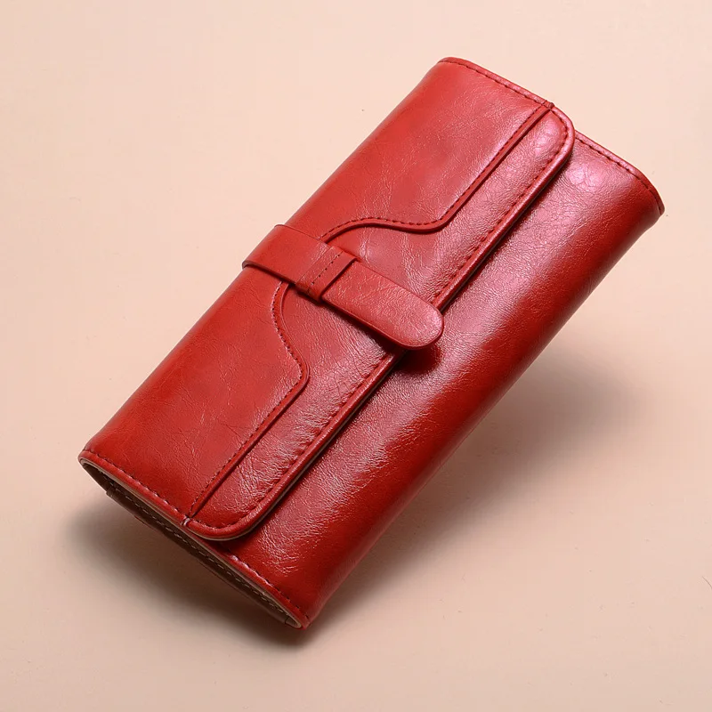 Длинный кожаный кошелек для женщин, кошелек для монет, кредитный держатель для карт, винтажный кошелек для Lddies, большой тонкий кошелек, женский кошелек - Цвет: Красный