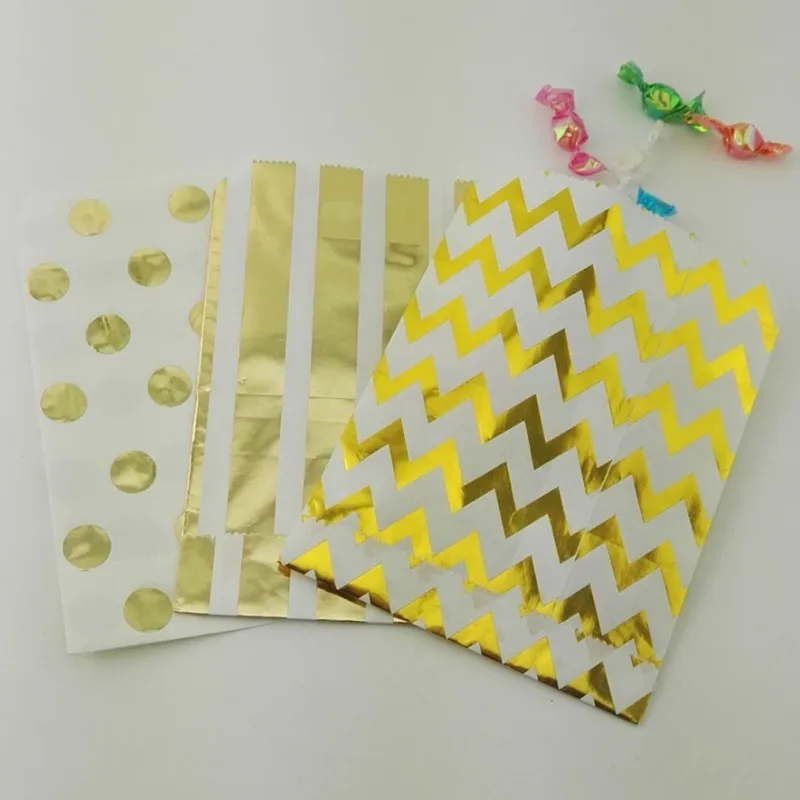 

Free Shipping 100pcs Foil Gold Candy Bags in Chevron Polka Dot and Stripe Gold Cake Sweet bags for Baby Shower Birthday Party