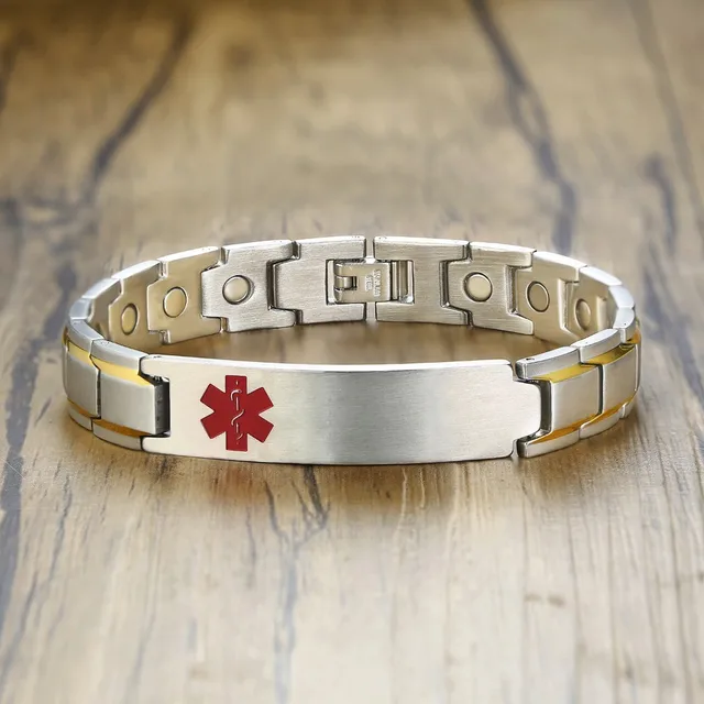 Silver Tone Stainless Steel Medical Alert ID Tag Bracelets for Men