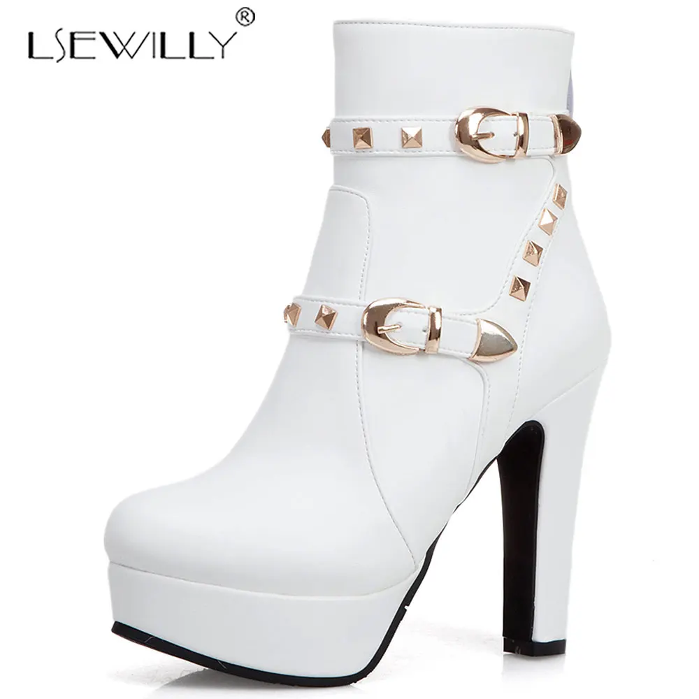 

Lsewilly punk rivets platforms PU leather short boots for women ladies round toe thick heels buckle motorcycle ankle boots K107