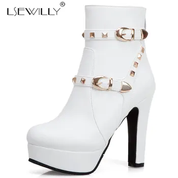 

Lsewilly punk rivets platforms PU leather short boots for women ladies round toe thick heels buckle motorcycle ankle boots K107