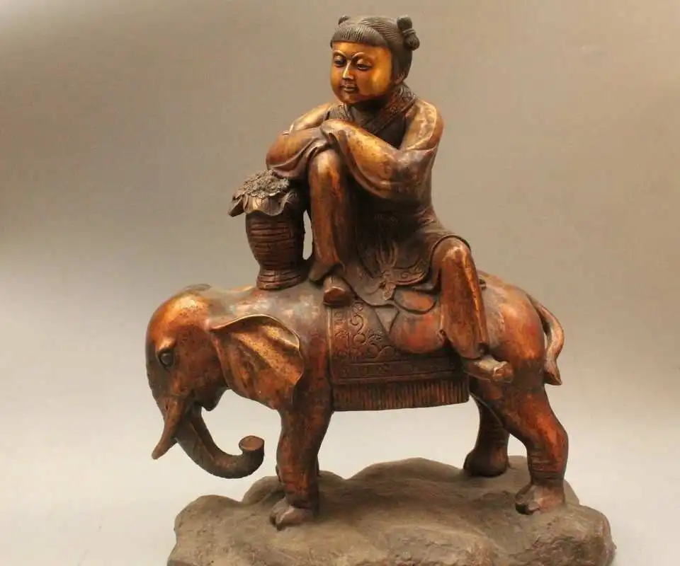 

18"China Chinese Bronze Gild Eight Immortals Seat Elephant Lan Cai He Buddha