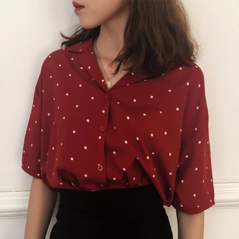 

Women's Polka Dot Print V-neck Short Sleeve Blouse Tops White Black Vintage Blouse Woman 2019 Summer Casual Button Womens Tops
