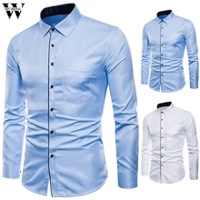 Womail Мужская рубашка Лето модная классическая рубашка однотонная деловая официальная приталенная рубашка с длинным рукавом на пуговицах высокого качества M528